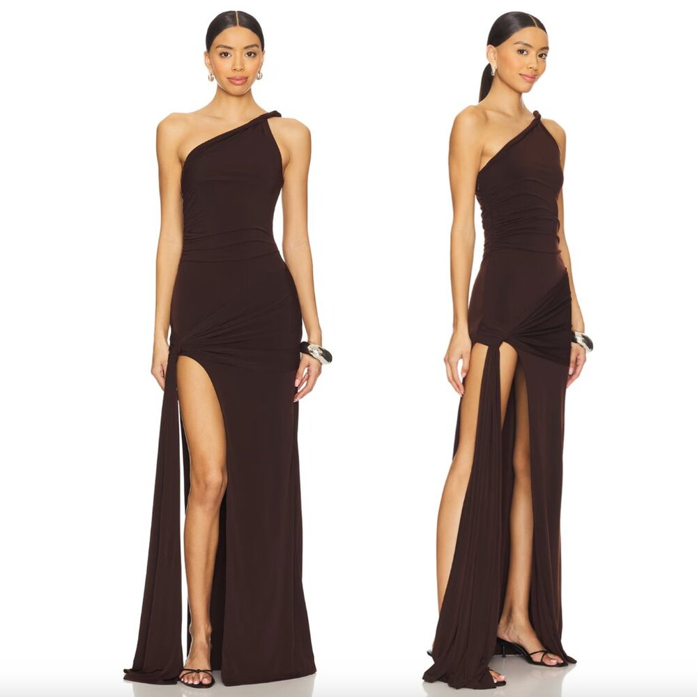 NEW Lovers and Friends Sabrina Gown in Espresso Brown One Shoulder Maxi Dress M